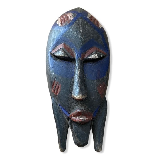 African Mask Small Wall Art Hand Carved Wood Blue